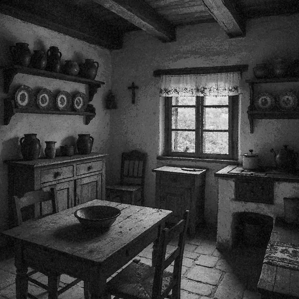 Historický interiér chalupy s dřevěným nábytkem a keramikou