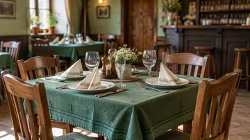 Ilustrace tradiční restaurace se zeleným ubrusem a dřevěnými židlemi